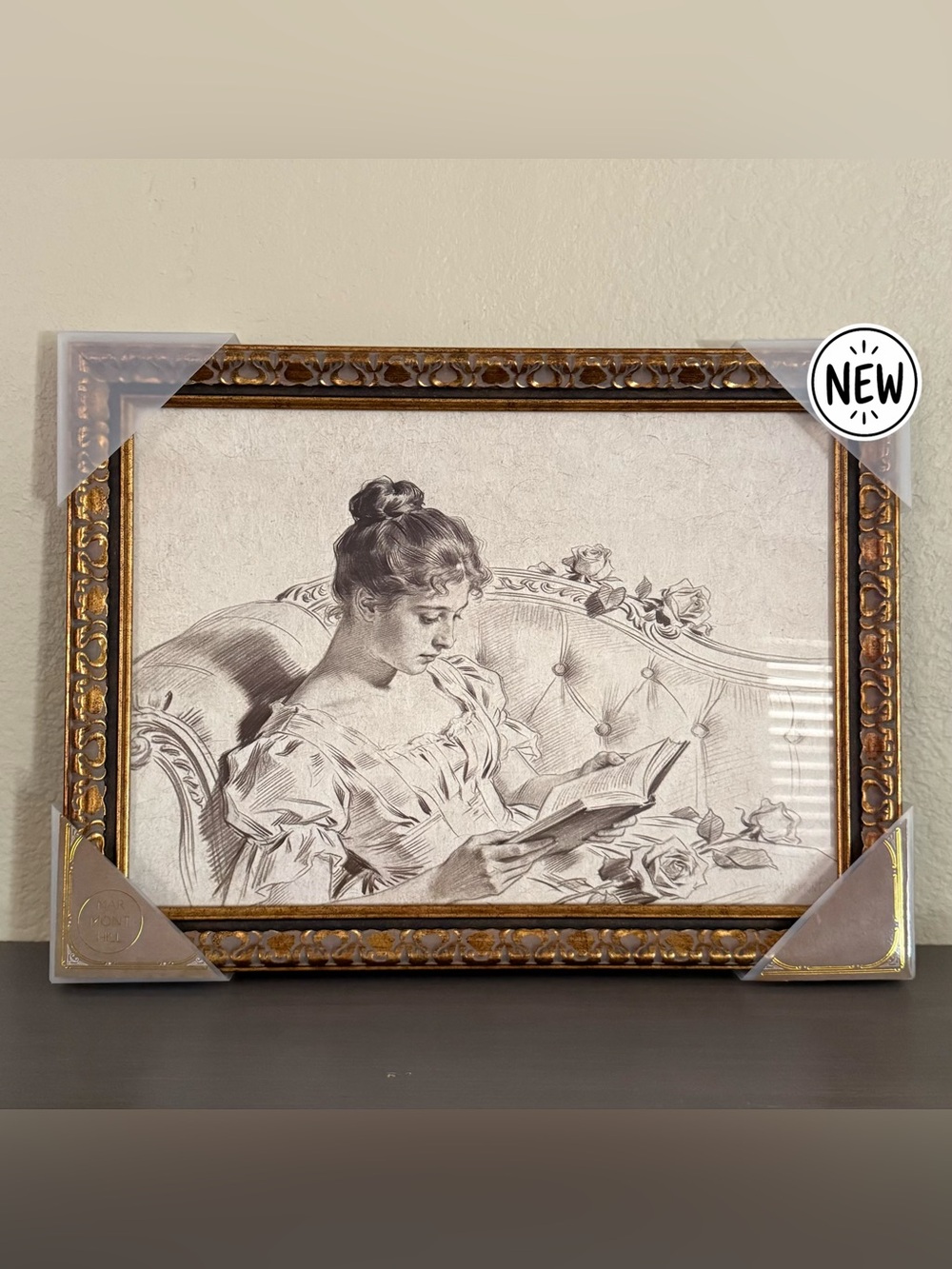 Framed Vintage Style Reading Lady Wall Art - Gold Frame 16x12